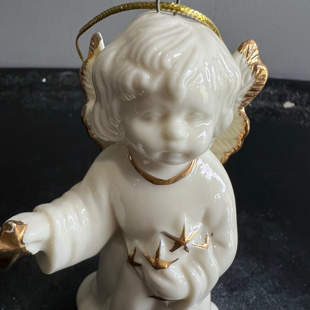 2001 Ivory Porcelain Christmas Angel Bell Ornament w/Gold Trim Holding Stars - Picture 6 of 6